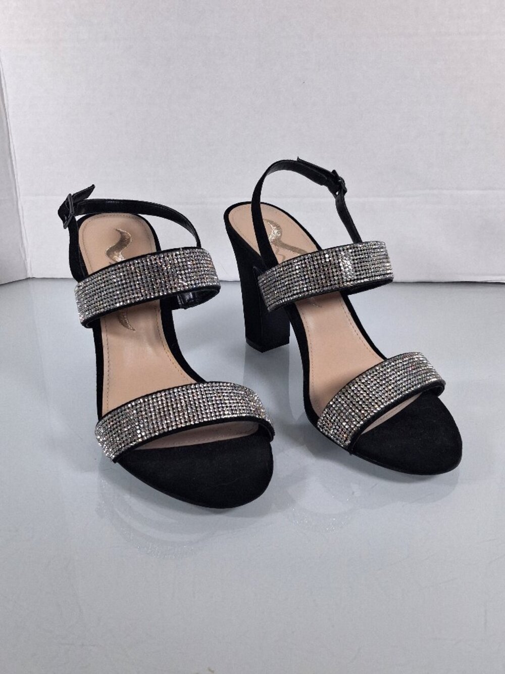 Women's Nina Size 7M Slingback Open Toe Silver Rhinestone Heels Sandals Black